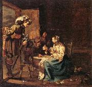 Interior with soldiers and a woman playing cards,an officer watching from a doorway Jacob Duck